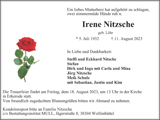 Traueranzeige von Irene Nitzsche von Braunschweiger Zeitung