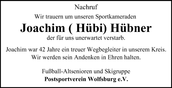 Traueranzeige von Joachim Hübner von Wolfsburger Nachrichten