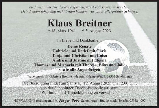 Traueranzeige von Klaus Breitner von Helmstedter Nachrichten