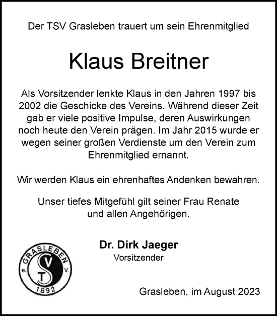Traueranzeige von Klaus Breitner von Helmstedter Nachrichten