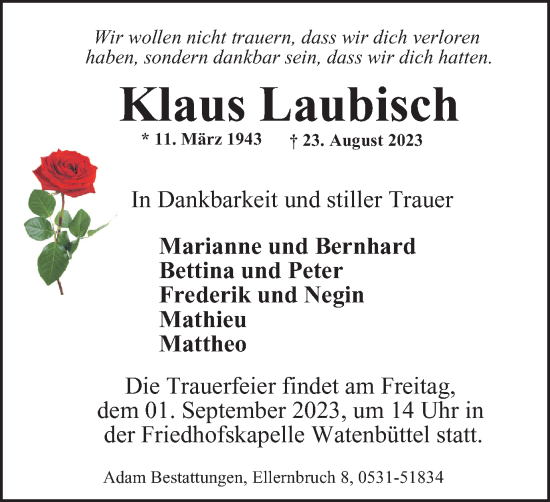 Traueranzeige von Klaus Laubisch von Braunschweiger Zeitung