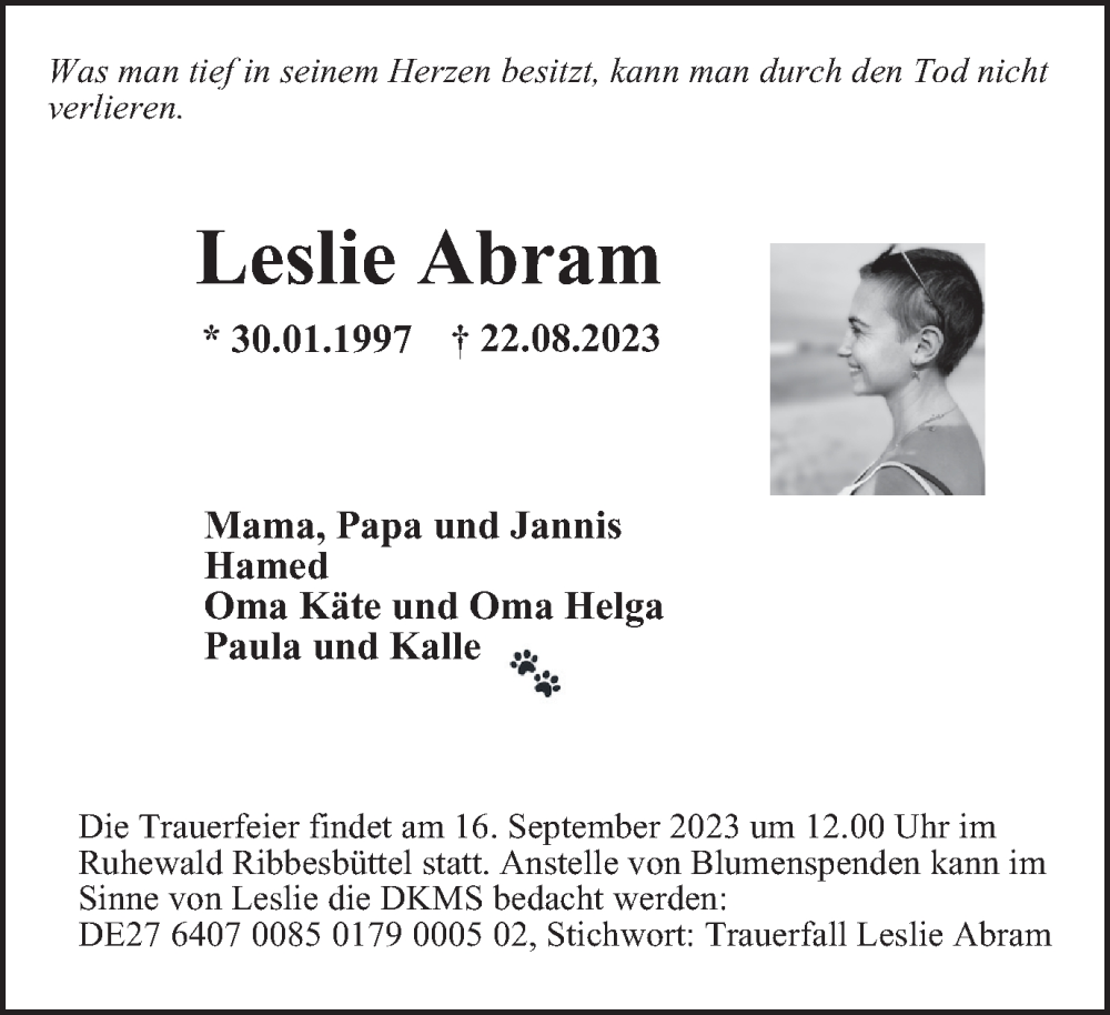  Traueranzeige für Leslie Abram vom 26.08.2023 aus Braunschweiger Zeitung