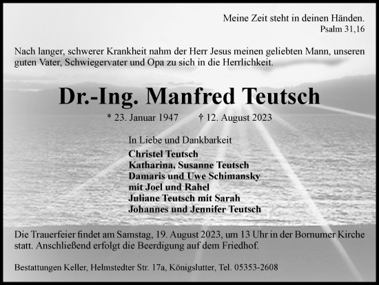 Traueranzeige von Manfred Teutsch von Helmstedter Nachrichten