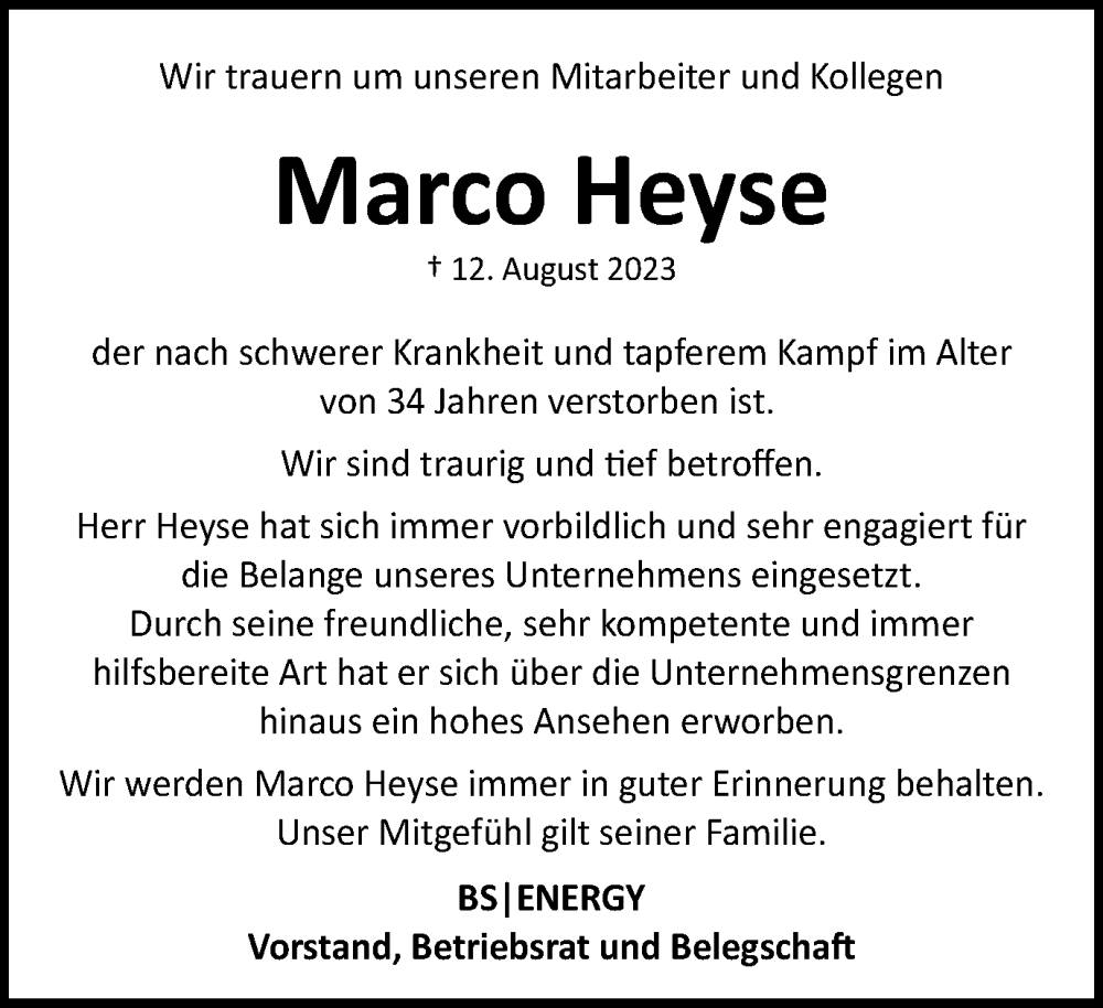  Traueranzeige für Marco Heyse vom 19.08.2023 aus Braunschweiger Zeitung
