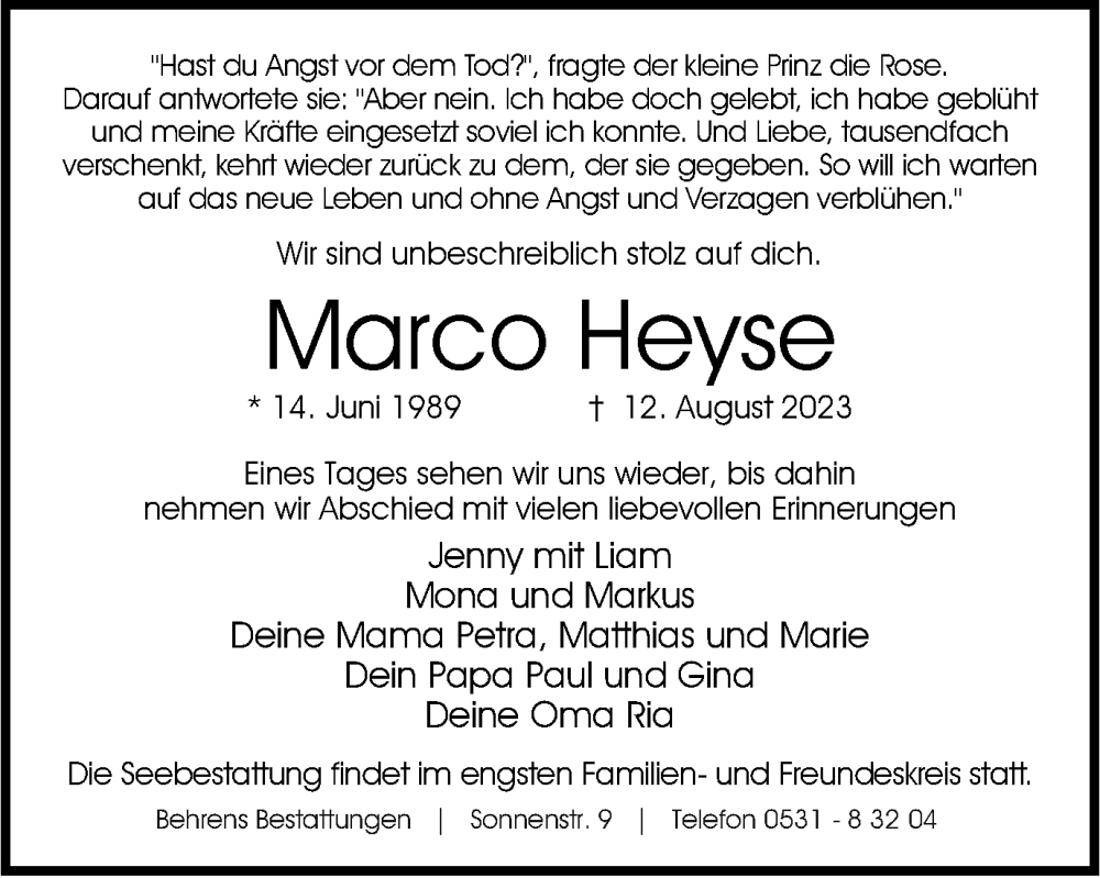  Traueranzeige für Marco Heyse vom 19.08.2023 aus Braunschweiger Zeitung