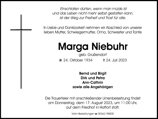 Traueranzeige von Marga Niebuhr von Wolfsburger Nachrichten