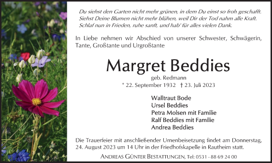 Traueranzeige von Margret Beddies von Braunschweiger Zeitung