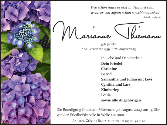 Traueranzeige von Marianne Thiemann von Braunschweiger Zeitung