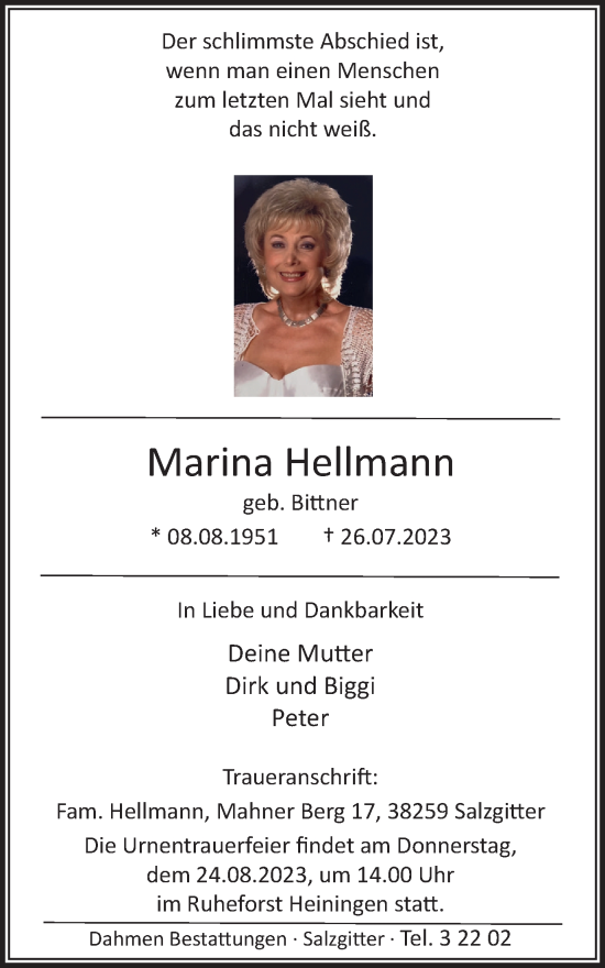 Traueranzeige von Marina Hellmann von Salzgitter-Zeitung