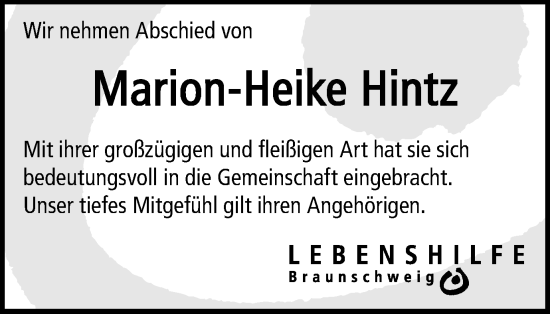 Traueranzeige von Marion-Heike Hintz von Braunschweiger Zeitung