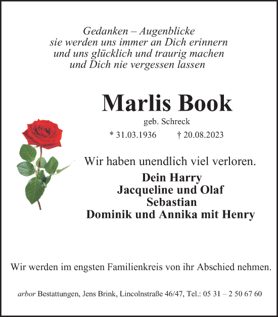 Traueranzeige von Marlis Book von Braunschweiger Zeitung