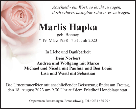 Traueranzeige von Marlis Hapka von Braunschweiger Zeitung
