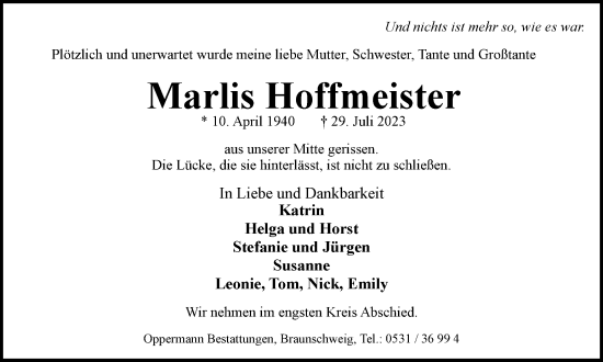 Traueranzeige von Marlis Hoffmeister von Braunschweiger Zeitung