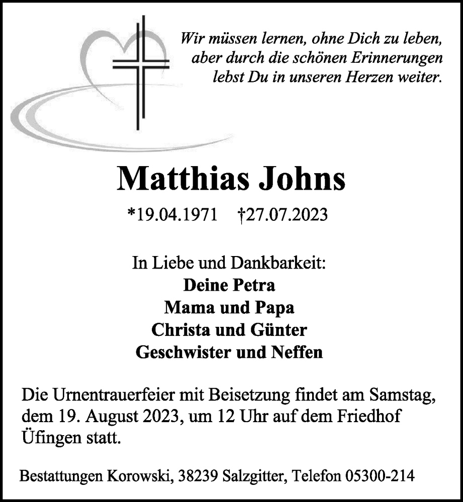  Traueranzeige für Matthias Johns vom 05.08.2023 aus Braunschweiger Zeitung