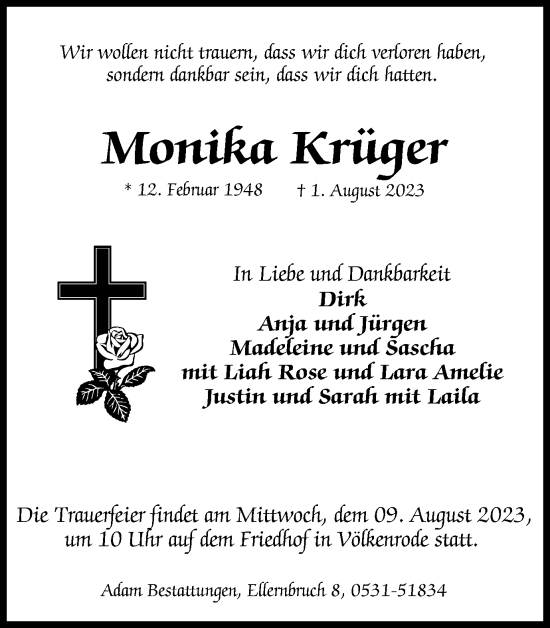 Traueranzeige von Monika Krüger von Braunschweiger Zeitung