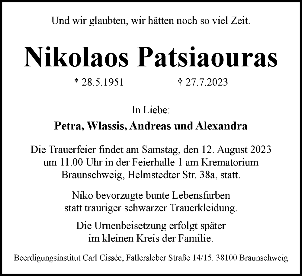  Traueranzeige für Nikolaos Patsiaouras vom 05.08.2023 aus Braunschweiger Zeitung