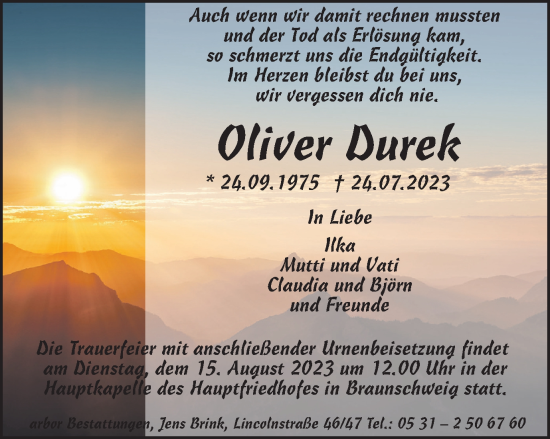 Traueranzeige von Oliver Durek von Braunschweiger Zeitung