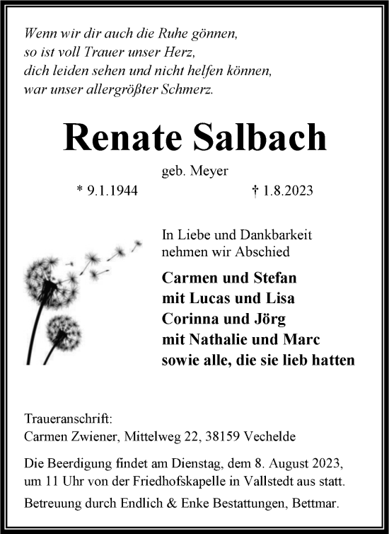 Traueranzeige von Renate Salbach von Braunschweiger Zeitung