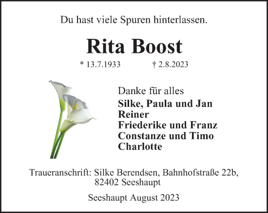 Traueranzeige von Rita Boost von Wolfsburger Nachrichten