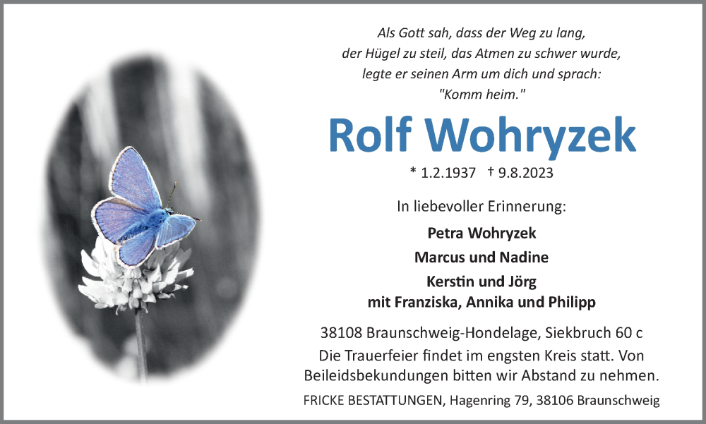  Traueranzeige für Rolf Wohryzek vom 12.08.2023 aus Braunschweiger Zeitung