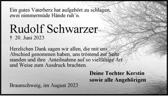 Traueranzeige von Rudolf Schwarzer von Braunschweiger Zeitung