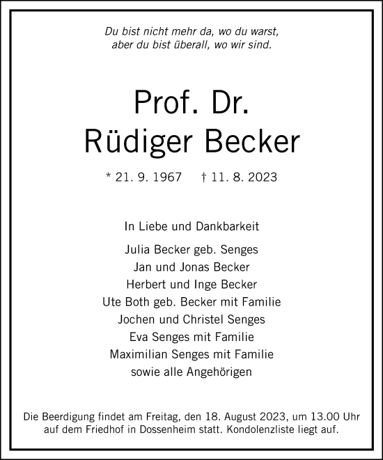 Traueranzeige von Rüdiger Becker von Wolfsburger Nachrichten