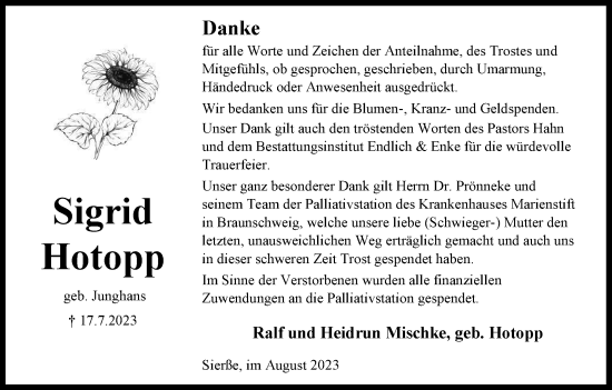 Traueranzeige von Sigrid Hotopp von Braunschweiger Zeitung