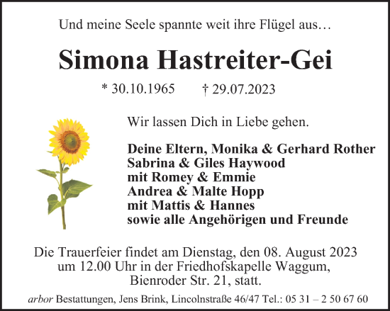 Traueranzeige von Simona Hastreiter-Gei von Braunschweiger Zeitung