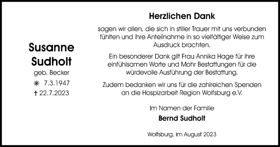 Traueranzeige von Susanne Sudholt von Wolfsburger Nachrichten