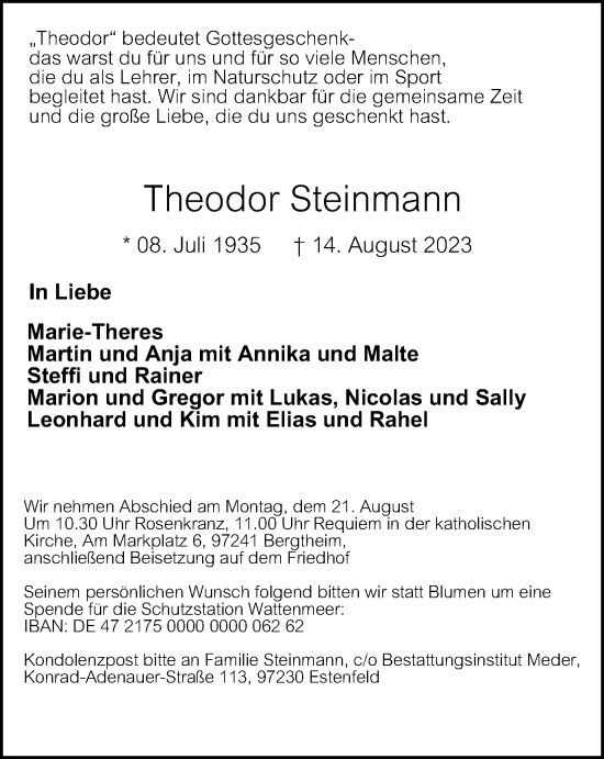 Traueranzeige von Theodor Steinmann von Braunschweiger Zeitung