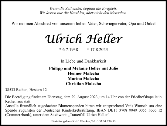Traueranzeige von Ulrich Heller von Braunschweiger Zeitung