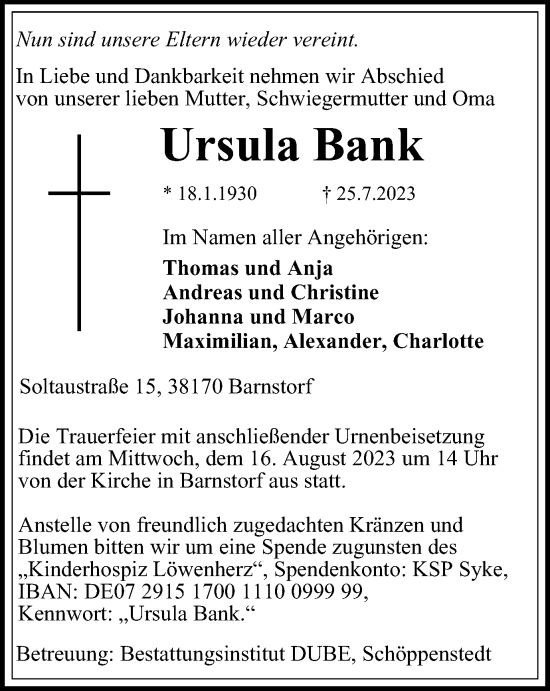 Traueranzeige von Ursula Bank von Braunschweiger Zeitung