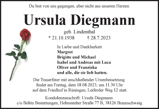 Traueranzeige von Ursula Diegmann von Braunschweiger Zeitung