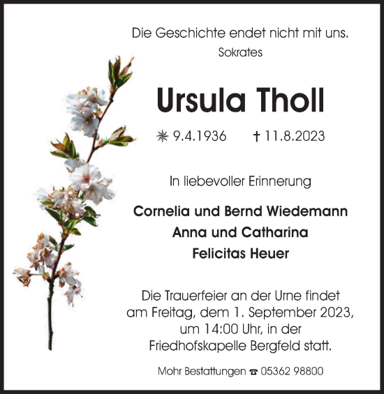 Traueranzeige von Ursula Tholl von Wolfsburger Nachrichten