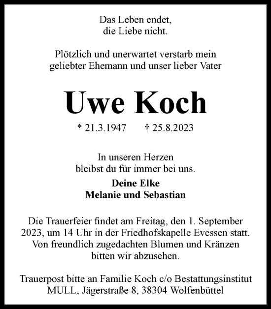 Traueranzeige von Uwe Koch von Wolfenbütteler Zeitung