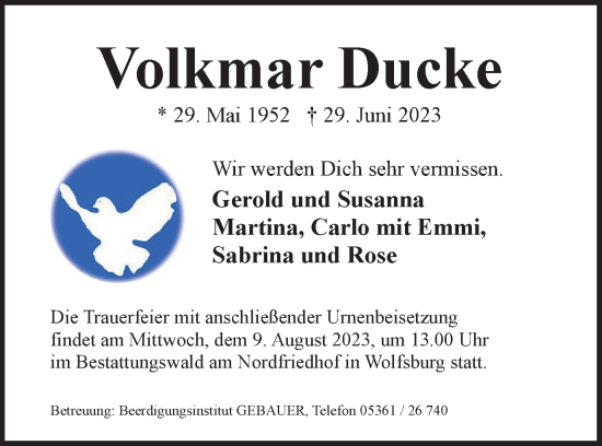 Traueranzeige von Volkmar Ducke von Wolfsburger Nachrichten