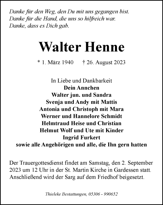 Traueranzeige von Walter Henne von Wolfenbütteler Zeitung