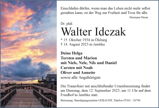 Traueranzeige von Walter Idczak von Wolfsburger Nachrichten