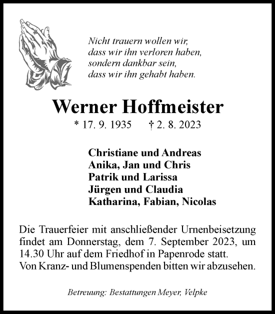 Traueranzeige von Werner Hoffmeister von Helmstedter Nachrichten