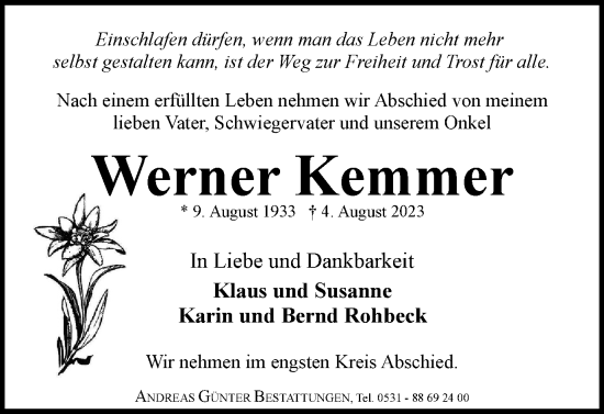 Traueranzeige von Werner Kemmer von Braunschweiger Zeitung