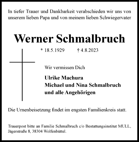 Traueranzeige von Werner Schmalbruch von Wolfenbütteler Zeitung