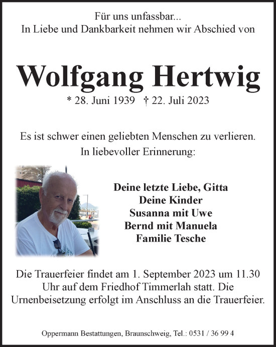 Traueranzeige von Wolfgang Hertwig von Braunschweiger Zeitung