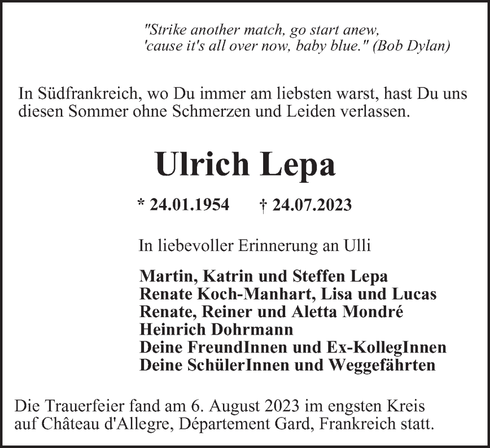  Traueranzeige für Ulrich Lepa vom 23.09.2023 aus Braunschweiger Zeitung