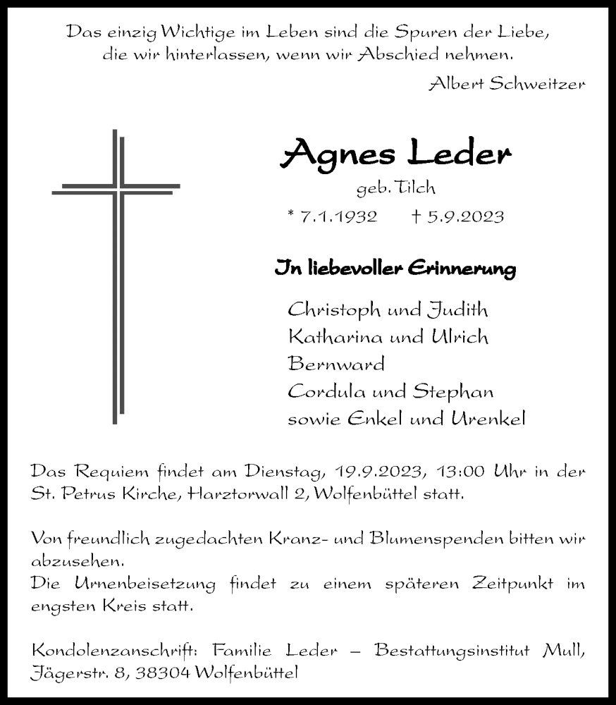  Traueranzeige für Agnes Leder vom 14.09.2023 aus Wolfenbütteler Zeitung