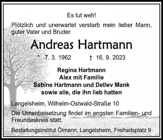 Traueranzeige von Andreas Hartmann von Braunschweiger Zeitung