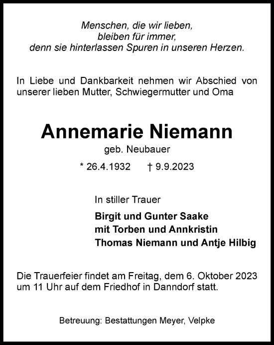 Traueranzeige von Annemarie Niemann von Helmstedter Nachrichten