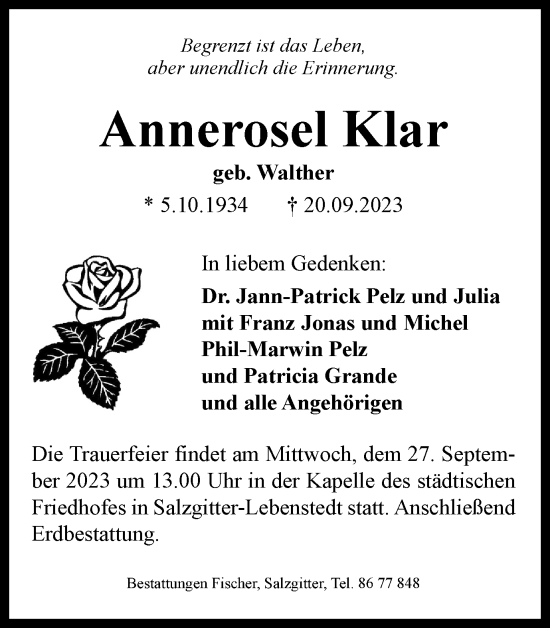 Traueranzeige von Annerosel Klar von Salzgitter-Zeitung