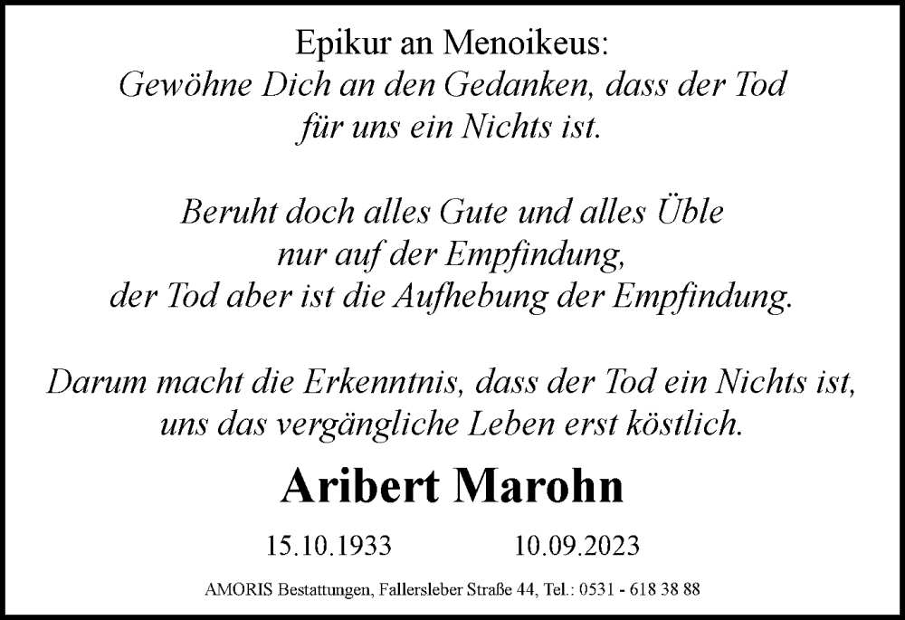  Traueranzeige für Aribert Marohn vom 29.09.2023 aus Braunschweiger Zeitung