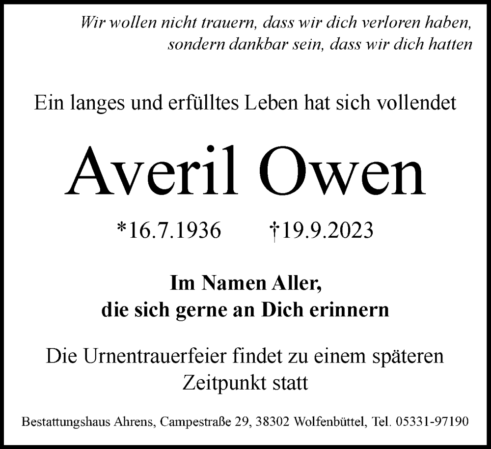  Traueranzeige für Averil Owen vom 23.09.2023 aus Wolfenbütteler Zeitung