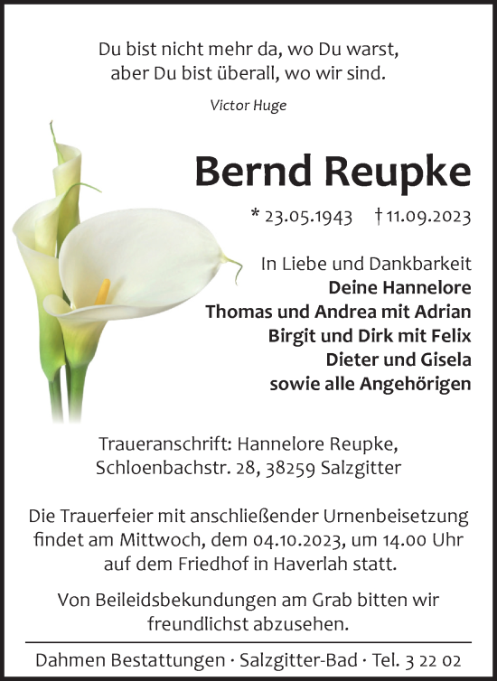 Traueranzeige von Bernd Reupke von Salzgitter-Zeitung